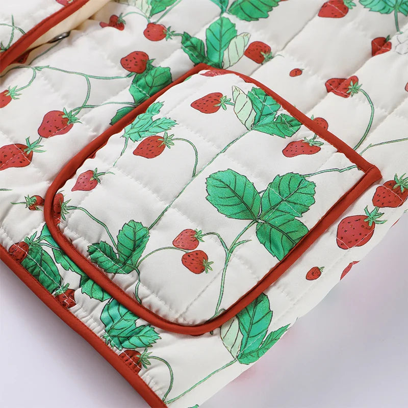 2025 Women’s Printed Quilted Padded Jacket – Collared Cotton Coat with Contrast Piped Pockets, Casual Autumn Outerwear