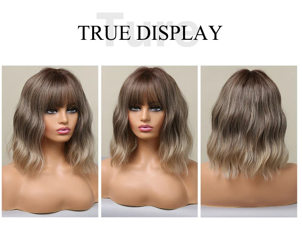 Women’s Grey Wavy Bob Wig with Bangs — Short Blonde Ombre Synthetic Hair with Dark Roots for Daily Wear