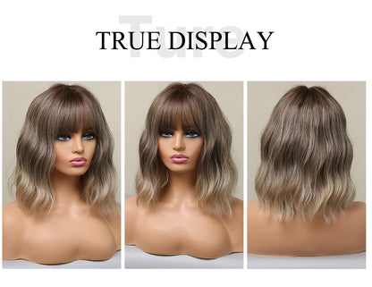 Women’s Grey Wavy Bob Wig with Bangs — Short Blonde Ombre Synthetic Hair with Dark Roots for Daily Wear