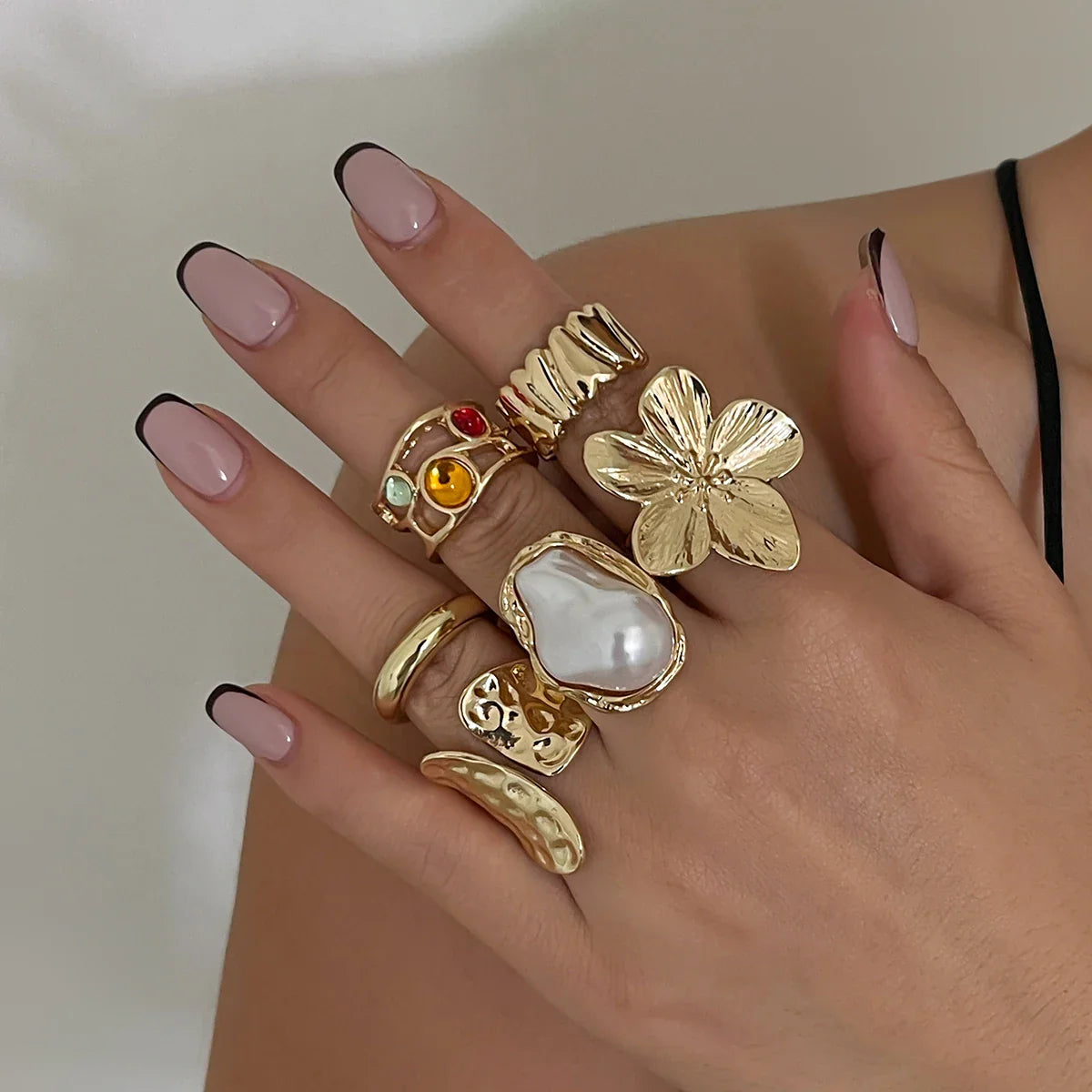 Ingemark 2025 Irregular Metal Flower Open Ring – Elegant Baroque Imitation Pearl Jewelry for Women