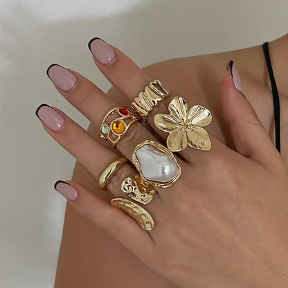 Ingemark 2025 Irregular Metal Flower Open Ring – Elegant Baroque Imitation Pearl Jewelry for Women