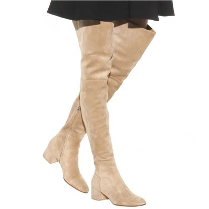 Women’s Over-the-Knee Winter Boots – Round Toe Mid Heel Faux Suede Black Fashion Shoes