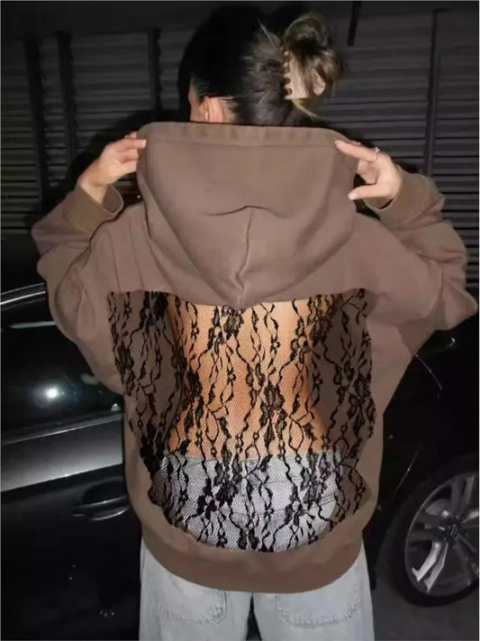 Women's Lace Splice Hoodie - Sexy See-Through Backless Fleece Pullover for Autumn & Winter Streetwear Fashion
