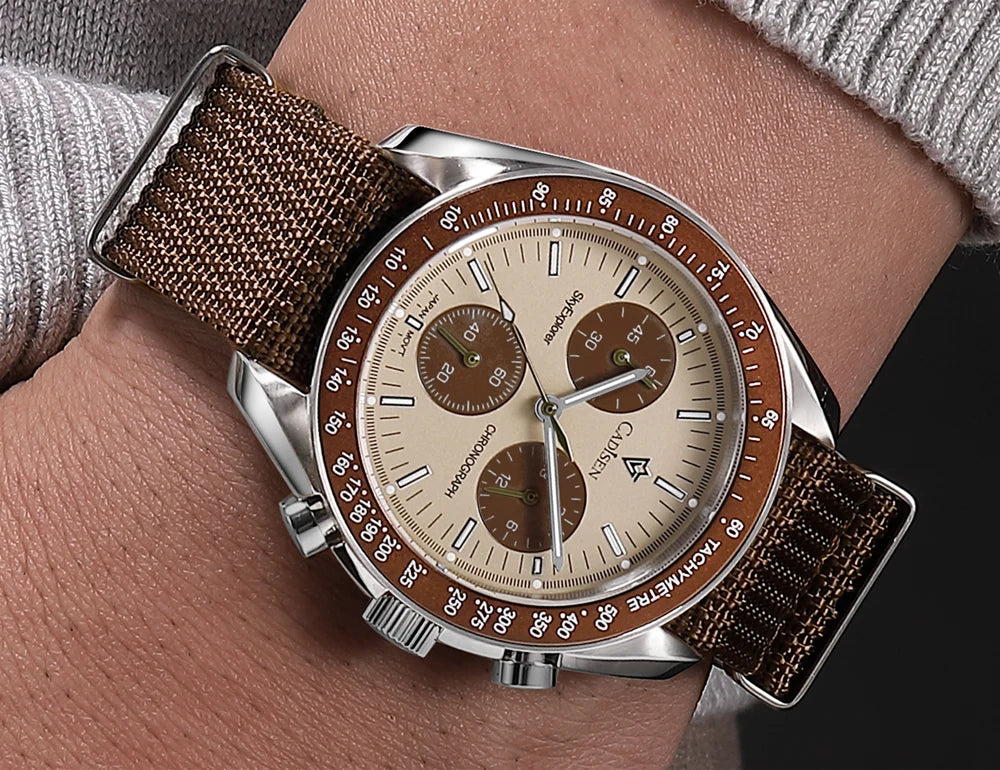 CADISEN Men's Luxury Watch – Quartz VK68 Chronograph, Sapphire AR Crystal, Canvas Strap Speed Style Wristwatch