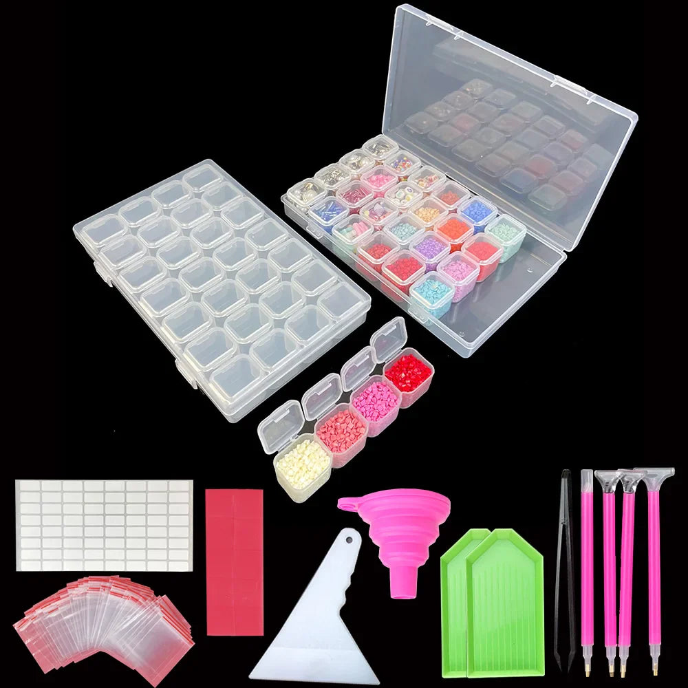 28-Grid Diamond Painting Storage Box – With Funnel, Sticker, Pen, and Embroidery Accessories Container