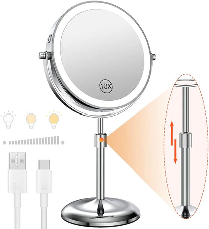 8-Inch Makeup Mirror with Light – 10X Magnification, 3 Color LED, Adjustable Brightness & Height Standing Cosmetic Mirror