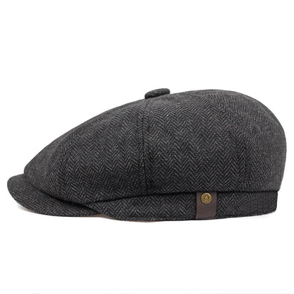 Men's Retro Newsboy Cap - Octagonal Flat Hat with Herringbone Design, British Painter Style Beret for Autumn and Winter