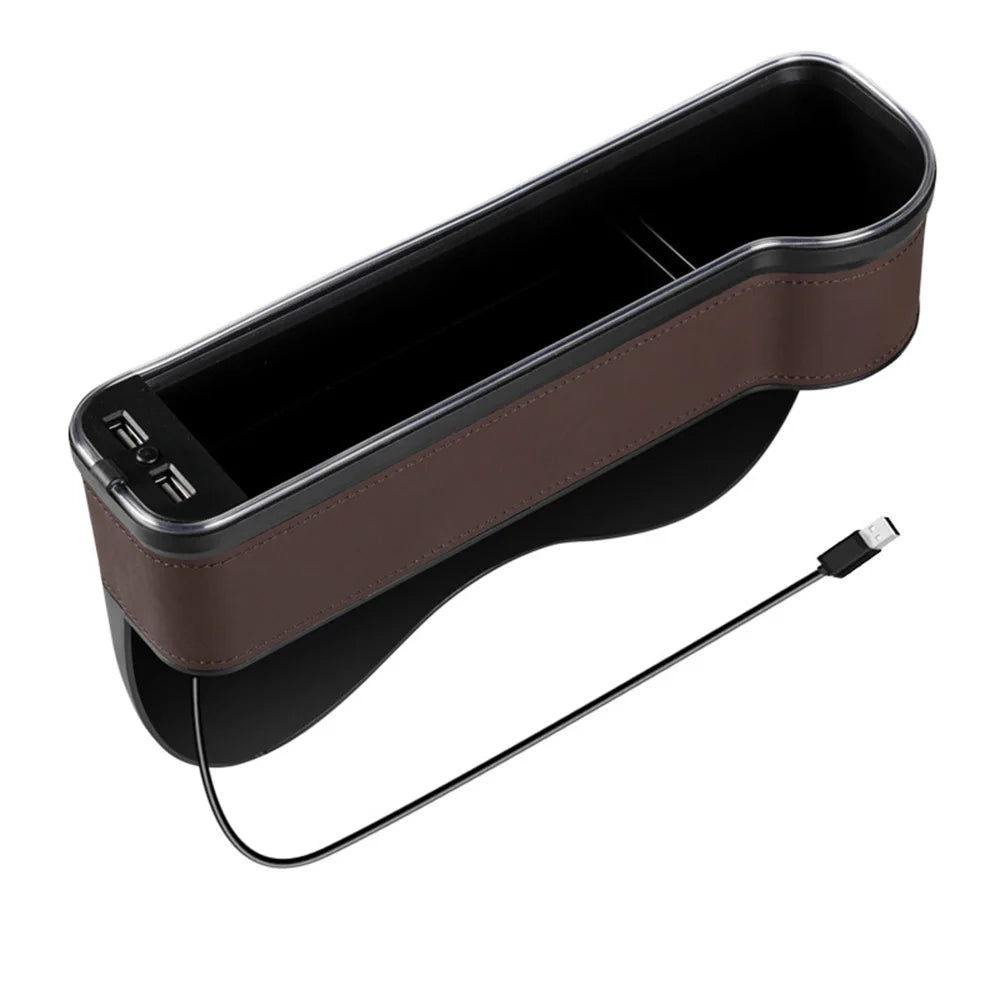 Car Crevice Storage Box with 2 USB Charger – LED Seat Gap Organizer, Phone, Bottle, and Cup Holder