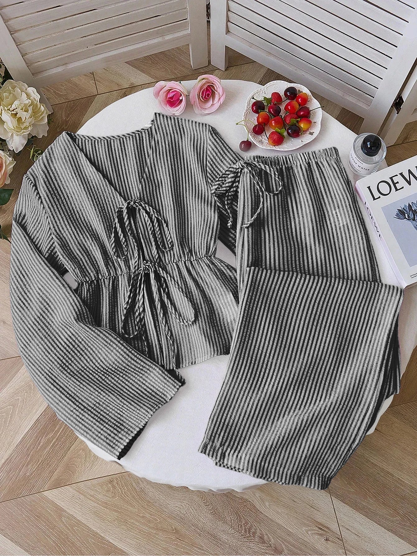 Striped Lace-Up Women’s 2-Piece Matching Set – Casual Office Commuting Outfit, Simple All-Match Two-Piece Set