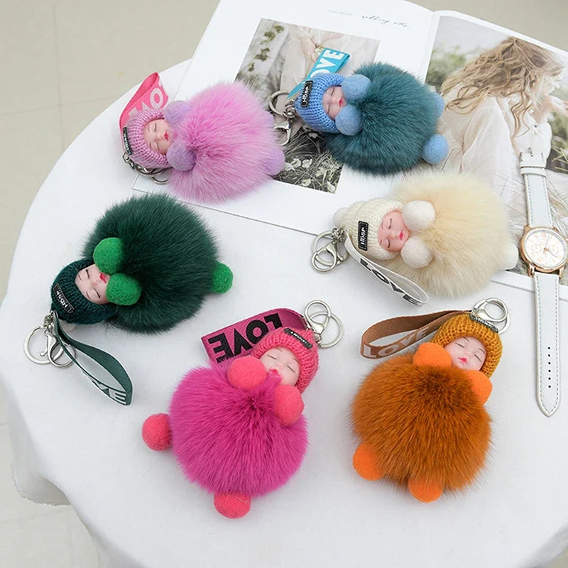 Pompom Sleeping Baby Keychain - Fluffy Plush Doll Keyring for Bags, Cars & Gift Decoration
