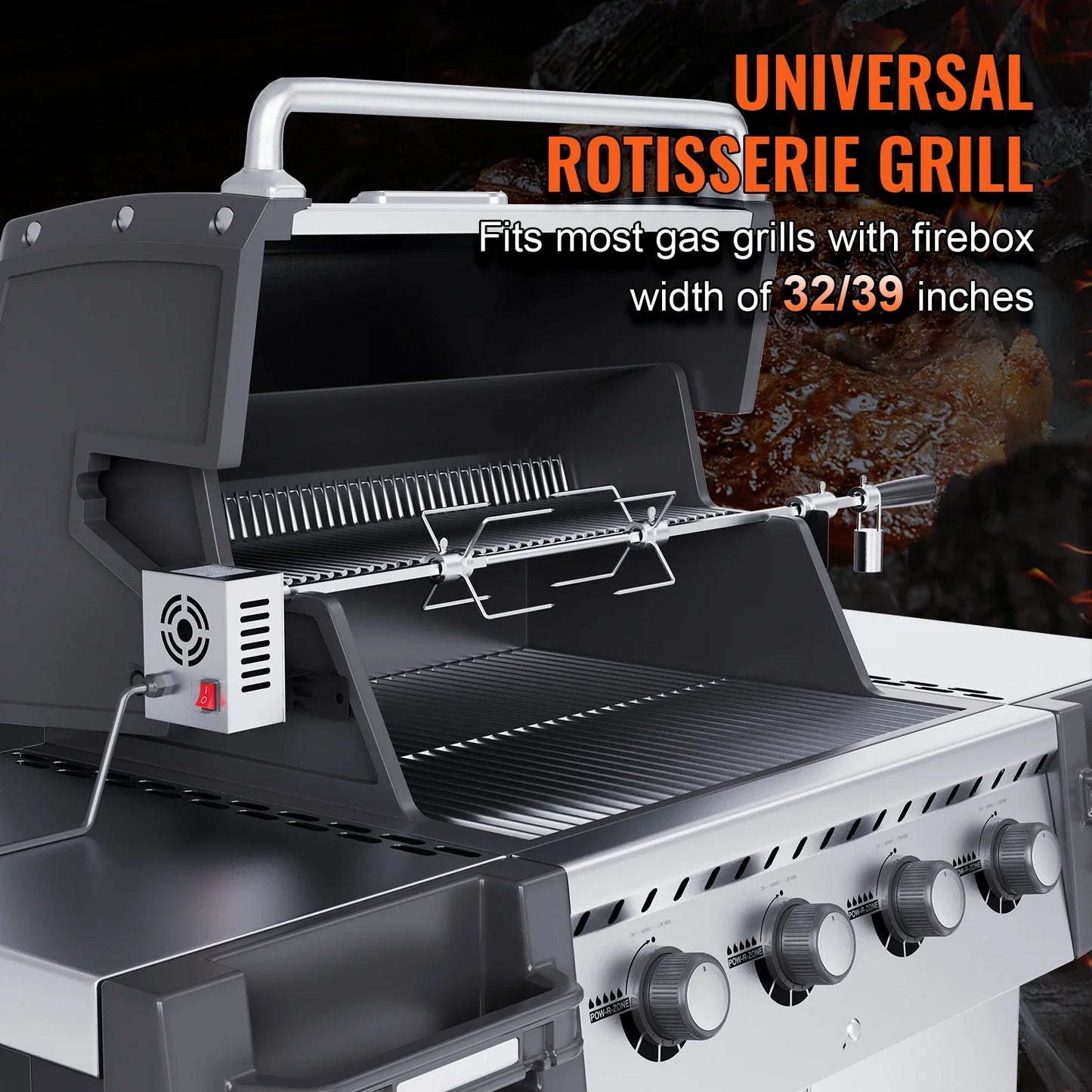 SucceBuy Universal Grill Rotisserie Kit – 9W Motor Stainless Steel Electric BBQ Automatic Grilling Set
