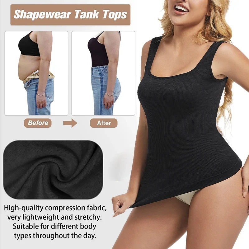 Women's Tummy Control Shapewear Tank Top - Seamless Square Neck Compression Cami (1 or 2 Pack)