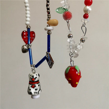 Y2K Strawberry Charm Choker Necklace - Ceramic Dog Pendant Acrylic Beaded Colorful Bow Aesthetic Jewelry for Women