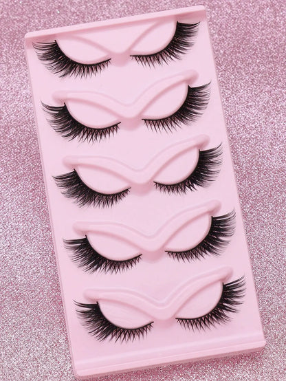 5 Pairs Cat Eye Faux Mink Eyelashes – Winged Long Natural Manga Style False Lashes Makeup Set