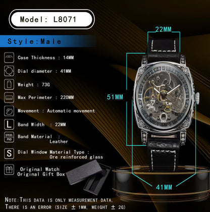 LONGLUX Automatic Mechanical Skeleton Watch – Retro Style Waterproof Leather Men’s Wristwatch, No Logo