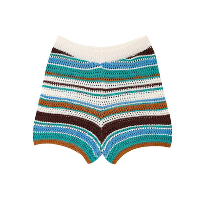 Women Y2K Patchwork Striped Crochet Knit Crop Sweater & Shorts Set – Hollow Out Short Sleeve Polo Collar Outfit