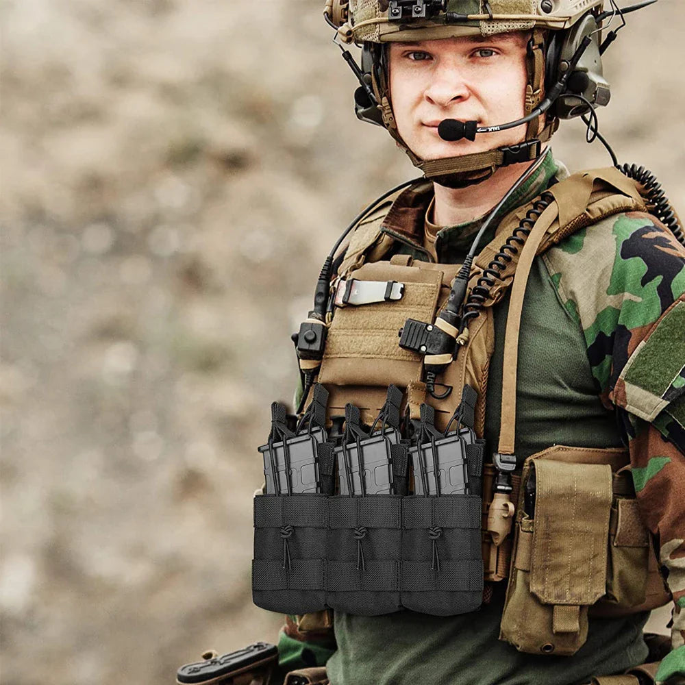 Tactical Molle Triple Magazine Pouch - Double-Layer Cartridge Holder for M4, M14, M16, AK, AR, Universal Mag Pouches