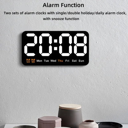 Voice Control Large Digital Wall Clock – LED Display with Temperature, Date, Week, DST, Snooze, Dual Alarm, 12/24H, Wall-Mounted or Table Use