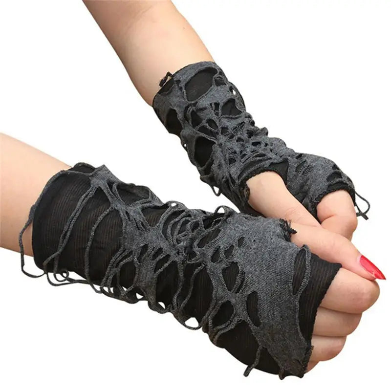 Gothic Fingerless Gloves - Unisex Stretchy Distressed Fashion Party Wear