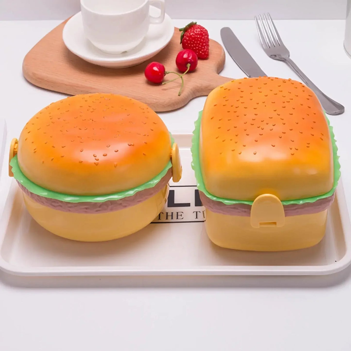 Cute Double Tier Hamburger Lunch Box - Microwaveable Bento Box for Children's School Meals with Fork Tableware Set