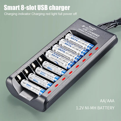 8-Slot Fast USB Rechargeable Battery Charger – AA/AAA NiMH 1.2V with Short Circuit Protection & USB Output
