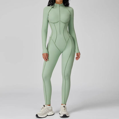 Women’s Long Sleeve Yoga Bodysuit Jumpsuit – Zip-Up Gym Tracksuit One-Piece Fitness Outfit for High-Intensity Workout & Training