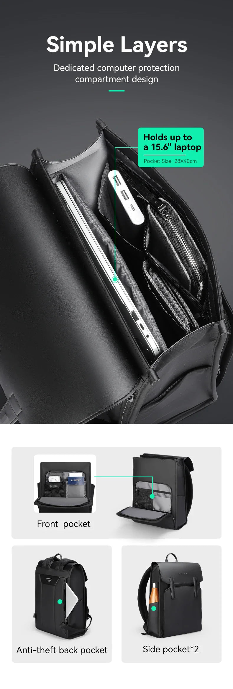 Mark Ryden Classic Business Black Leather Backpack – 15.6" Laptop, Waterproof, School & Work Bag for Men