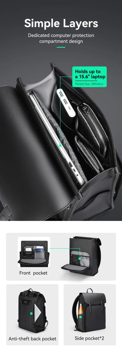 Mark Ryden Classic Business Black Leather Backpack – 15.6" Laptop, Waterproof, School & Work Bag for Men