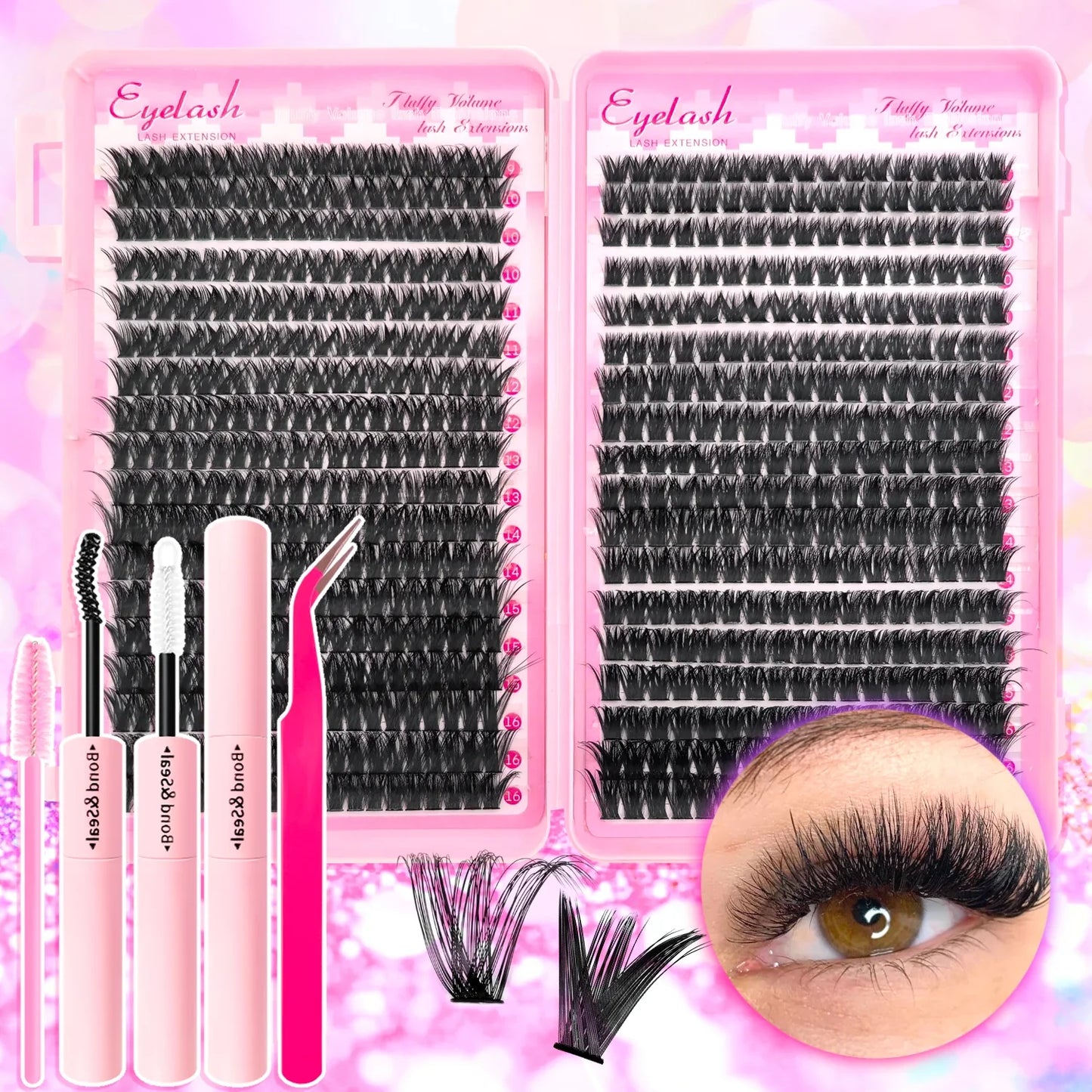 720/200pcs Eyelash Extension Kit – Fluffy Wispy Lash Clusters with Bond & Seal, Tweezers & Tools for Thick Volume DIY Lash Extensions