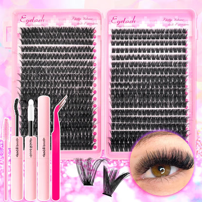 720/200pcs Eyelash Extension Kit – Fluffy Wispy Lash Clusters with Bond & Seal, Tweezers & Tools for Thick Volume DIY Lash Extensions