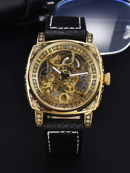LONGLUX Automatic Mechanical Skeleton Watch – Retro Style Waterproof Leather Men’s Wristwatch, No Logo