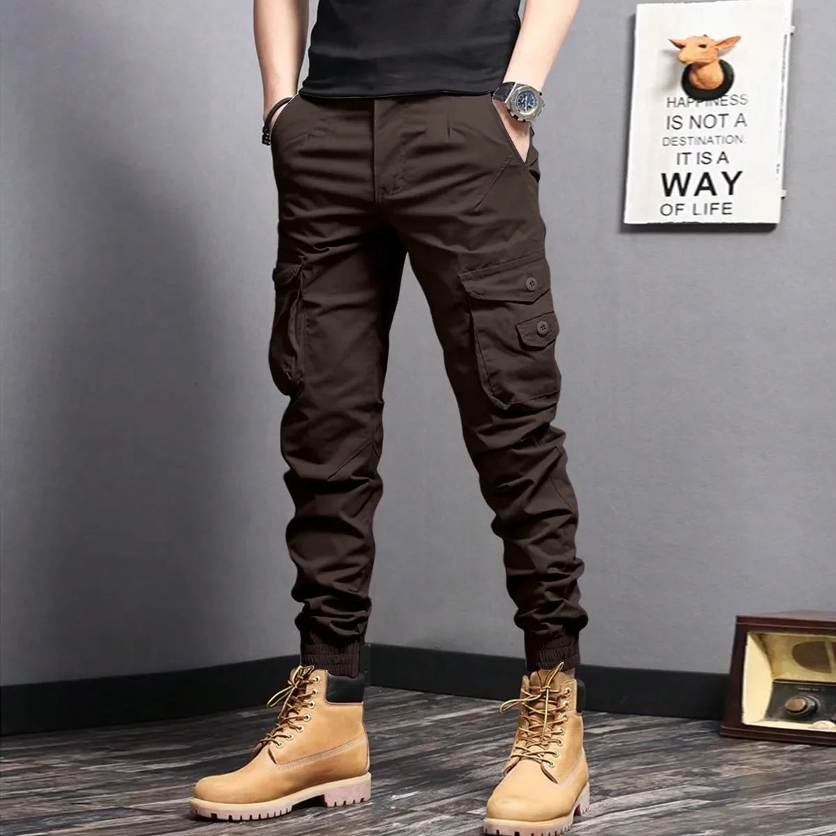 Men's Casual Cargo Pants — Side Flap Pocket Tapered Workwear for Spring & Fall Outdoor Activities