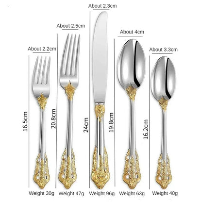 Premium 304 Stainless Steel Gold Cutlery Set - Vintage Western Dinnerware with Luxury Engraving - Forks, Knives, Spoons - Silverware