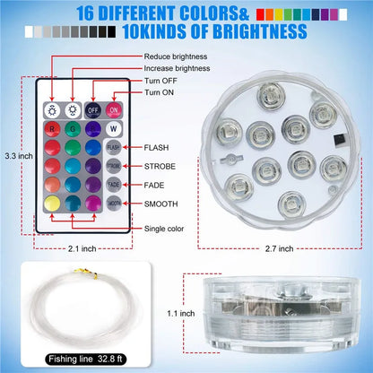 10LED RGB Submersible LED Light – Battery Operated Underwater Night Lamp for Pool, Garden, Wedding & Vase Decorations