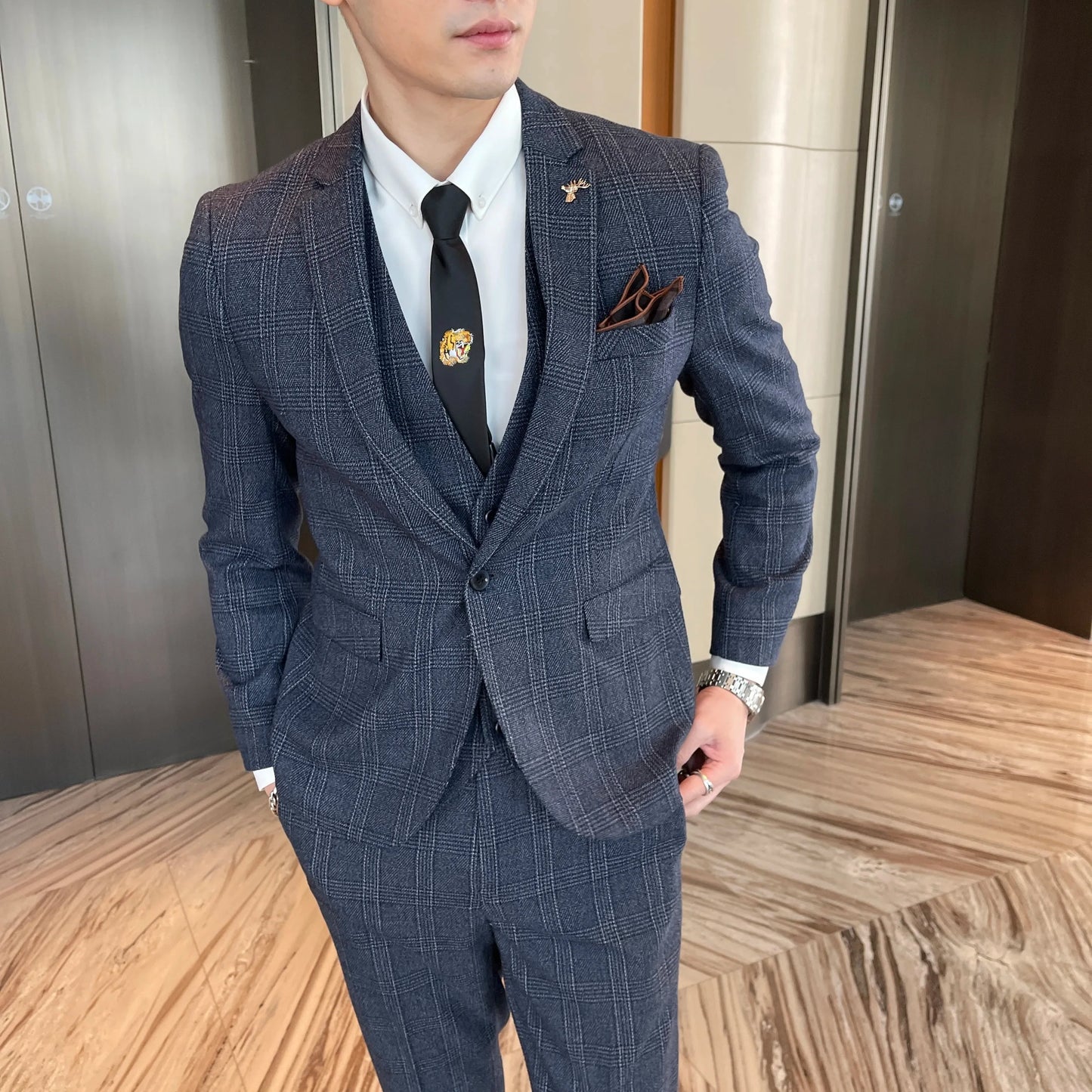 Men’s British Korean Plaid Three-Piece Suit – Stylish Business Casual Set with Blazer, Vest & Trousers