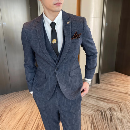 Men’s British Korean Plaid Three-Piece Suit – Stylish Business Casual Set with Blazer, Vest & Trousers