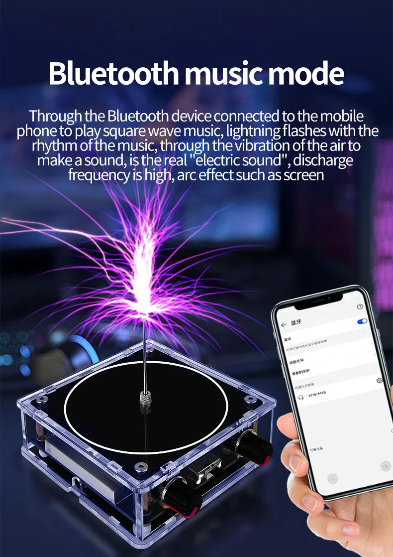 Music Tesla Coil Bluetooth/AUX – Dual Mode Music Box with Touchable Artificial Lightning, Audio Input for Science Experiments