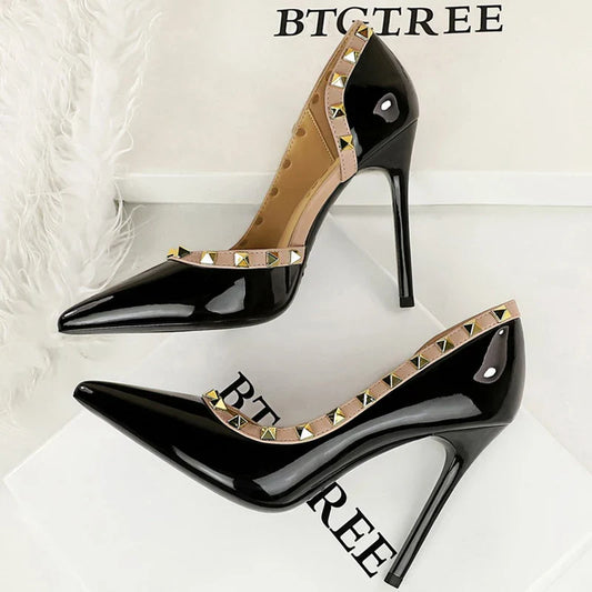 BIGTREE Women’s Rivet Patent Leather Pumps – 10.5cm Stiletto High Heels, Sexy Party Shoes, Large Size 43
