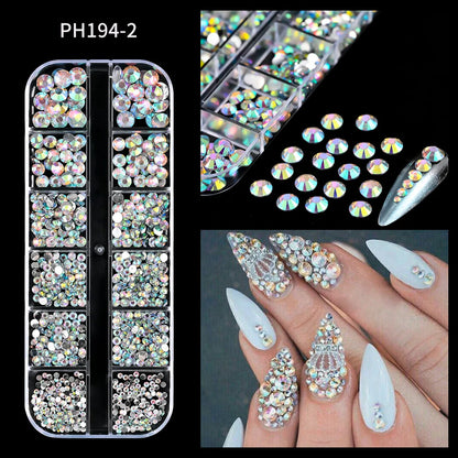12-Grid 3D Glass AB Crystal Nail Art Rhinestones Kit – Flatback Round Beads with Tools for Nail Jewelry & Diamond Decoration
