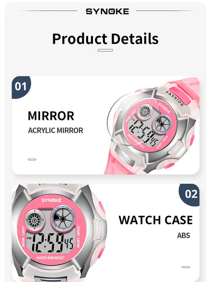 SYNOKE Student Electronic Watch - Waterproof Sports Watch for Children, Glow Multi-Function Digital Watch with 7 Colors Light, Perfect Gift