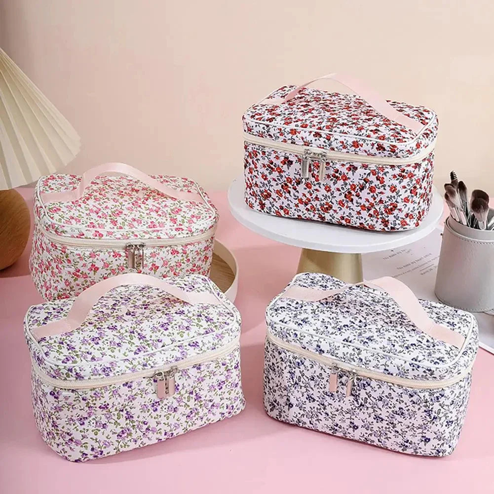 Cotton Floral Cosmetic Pouch – Dual Zipper Makeup Organizer, Portable Travel Storage & Wash Bag