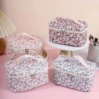 Cotton Floral Cosmetic Pouch – Dual Zipper Makeup Organizer, Portable Travel Storage & Wash Bag