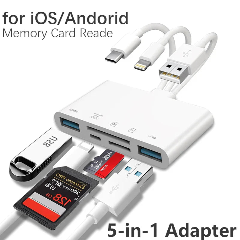 5-in-1 SD Card Reader USB Hub – USB 3.0 Type-C OTG Adapter for iPhone, iPad, MacBook, SD & TF Memory Cards
