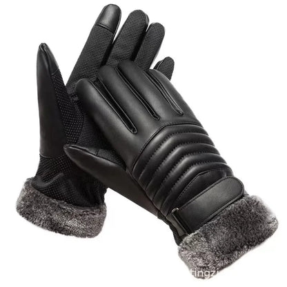 Men's Winter Fur Lined Gloves - Warm Insulated PU Touch Screen Gloves for Cycling, Motorcycle and Outdoor Use