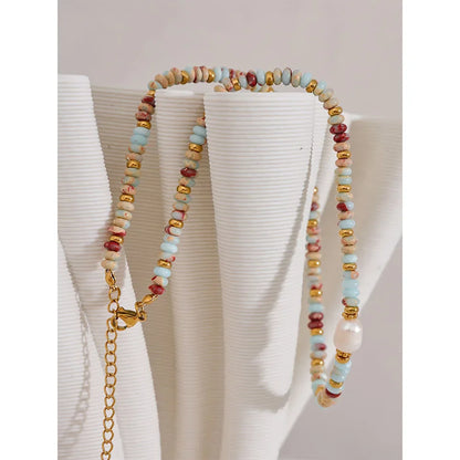 Yhpup Natural Stone & Freshwater Pearl Necklace – Stainless Steel Handmade Beaded Collar Chain Jewelry Gift