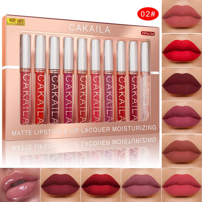 CAKAILA 10-Piece Nude Matte Lip Gloss Set – Waterproof Velvet Liquid Lipstick & Moisturizing Lip Tint for Women