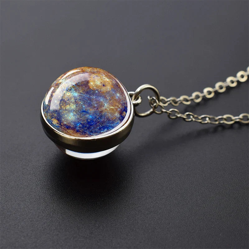 Solar System Universe Space Necklace - Two-Sided Glass Ball Pendant with Moon, Sun, Earth and Planets, Nebula Jewelry for Women and Men