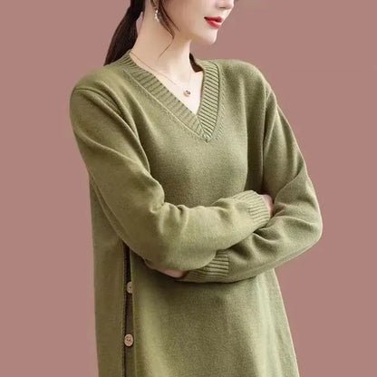 Plus Size 6XL 150kg Women's Winter V-Neck Knitted Sweater – Long Sleeve, Solid Color, Split Design
