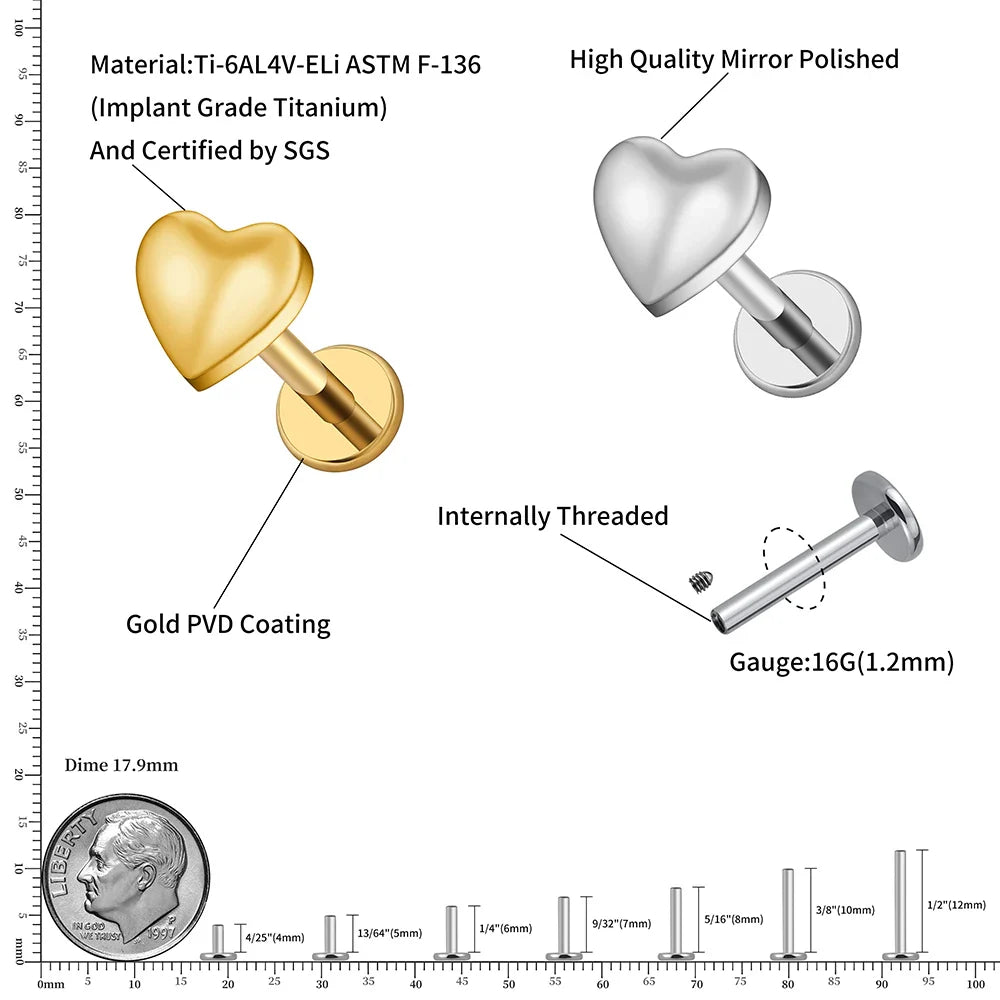 Right Grand ASTM F136 Titanium 16G Heart Flat Back Labret Stud – Monroe, Lip, Helix, Tragus, Conch & Earlobe Cartilage Piercing Body Jewelry