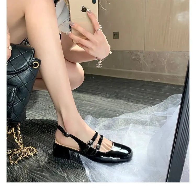 2025 Women’s Burgundy Mary Jane Shoes – Square-Toe Patent Leather Chunky Heel with Double Buckle